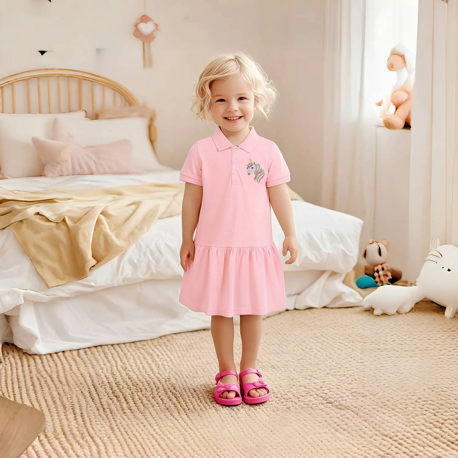 Girl's Princess Polo Dress 2025 New Summer Children's Baby Short Sleeves Cute Sweet Pink Casual Pleated