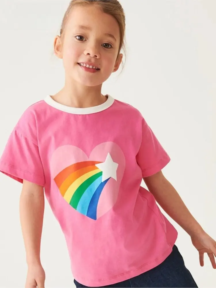 2025 New Children's T-shirt Summer Girls Cartoon Printed T-shirt Striped Shorts Set Kids Round Neck Pullover Casual Top