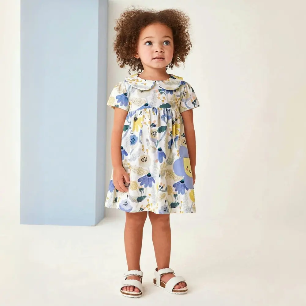 Summer Girls Smocking Dress Short Sleeve Cotton Sunflower Princess Kid Skirt Lotus Leaf Collar Casual Vacation Children Clothing