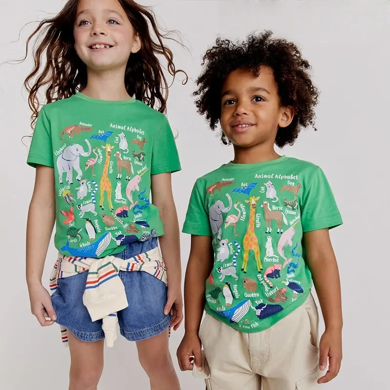 Kids' Green Short - Sleeve T - shirt with "Animal Alphabet" Print Suitable for Girls Boys Ages 2 - 7