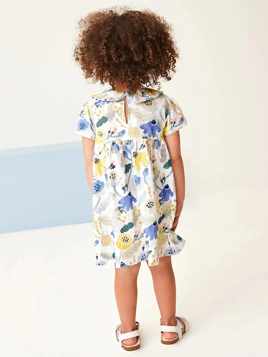 Summer Girls Smocking Dress Short Sleeve Cotton Sunflower Princess Kid Skirt Lotus Leaf Collar Casual Vacation Children Clothing