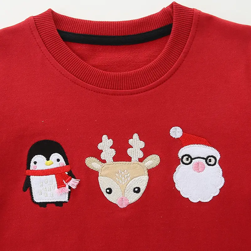 Kids' Red Christmas Themed Sweatshirt Penguin, Reindeer & Santa Claus Applique Design Adorable Children's Long - Sleeve Pullover