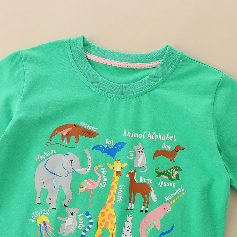 Kids' Green Short - Sleeve T - shirt with "Animal Alphabet" Print Suitable for Girls Boys Ages 2 - 7