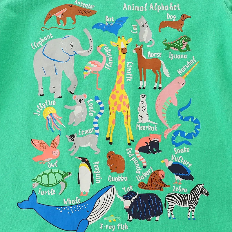 Kids' Green Short - Sleeve T - shirt with "Animal Alphabet" Print Suitable for Girls Boys Ages 2 - 7