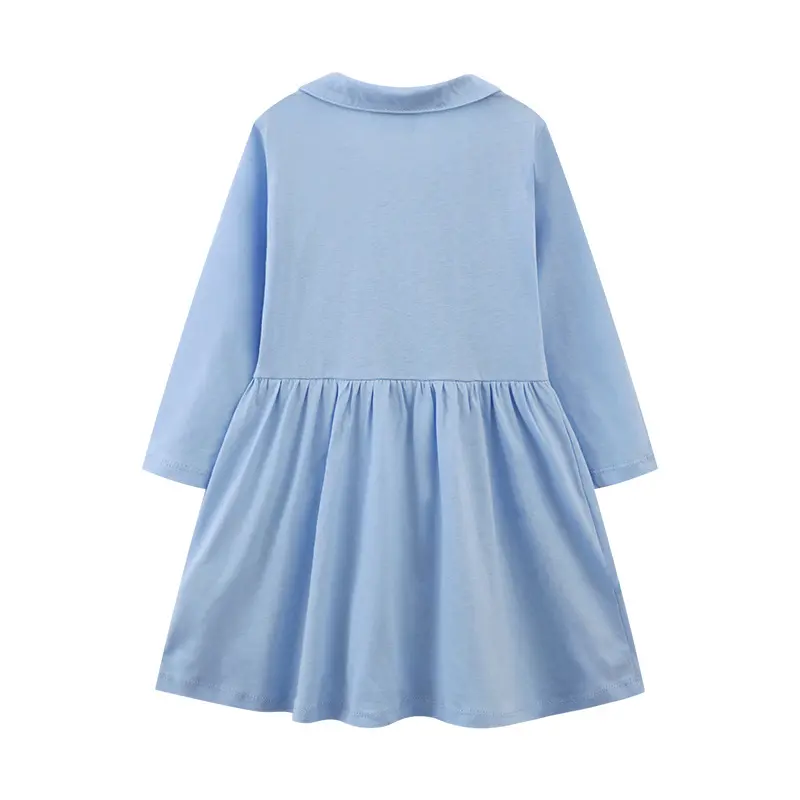 Adorable Baby Girl Dress in Light Blue Long Sleeves, Peter Pan Collar, Charming Floral and Butterfly Embroidered