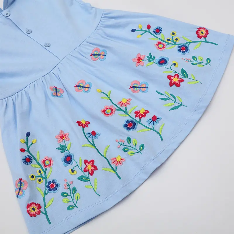 Adorable Baby Girl Dress in Light Blue Long Sleeves, Peter Pan Collar, Charming Floral and Butterfly Embroidered