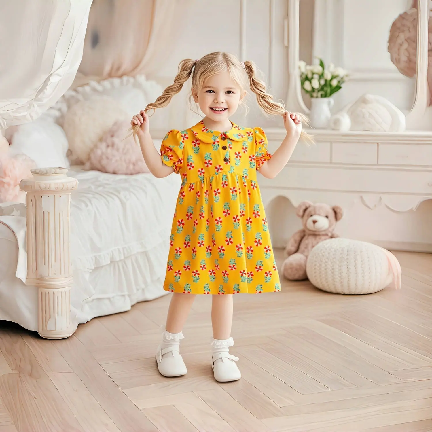 Summer Kids Baby Girls Short Sleeve Flower Printing Princess Dress Sweet Baby Girls Doll Collar Dress Children Clothes Dress