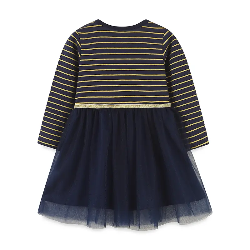 Black Long - Sleeved Striped Dress with Tulle Hem, Adorned with Santa and Reindeer Embroidery