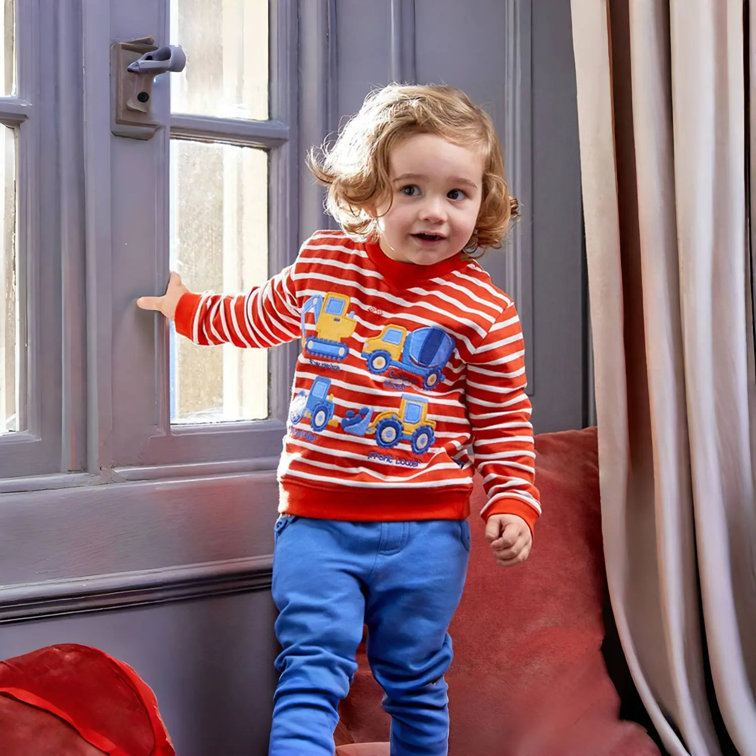 Boys' Red & White Striped Sweatshirt Construction Vehicle Embroidery, Long Sleeve Adorable Toddler Boy Pullover