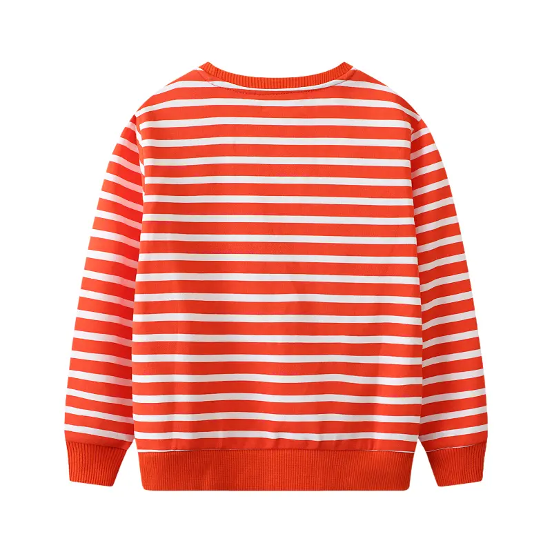 Boys' Red & White Striped Sweatshirt Construction Vehicle Embroidery, Long Sleeve Adorable Toddler Boy Pullover
