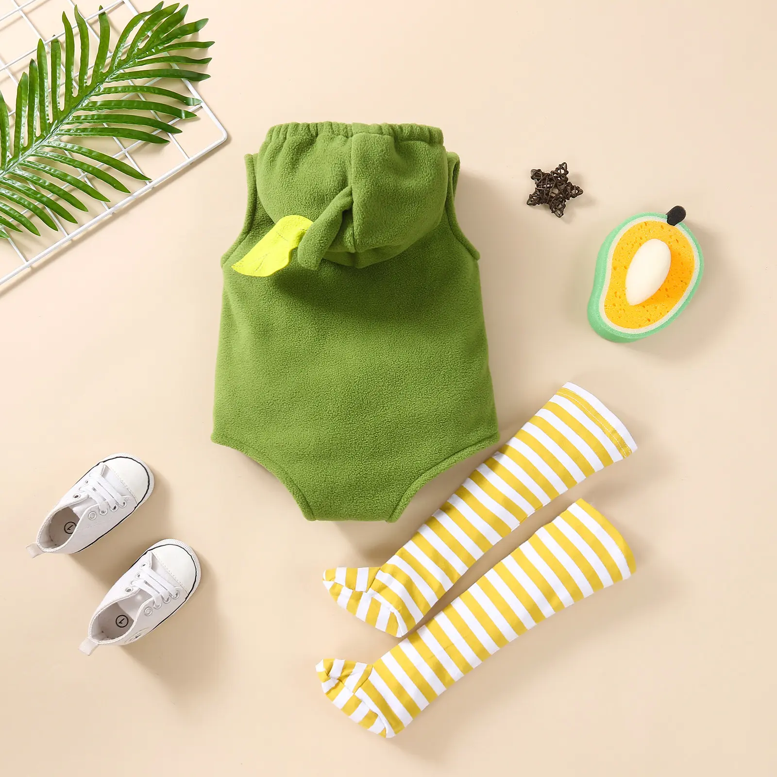 0-24M Baby Girl Boy Avocado Costume Infant Toddler Hoodie Bodysuit Short Romper Purim Halloween Fancy Dress with Stockings