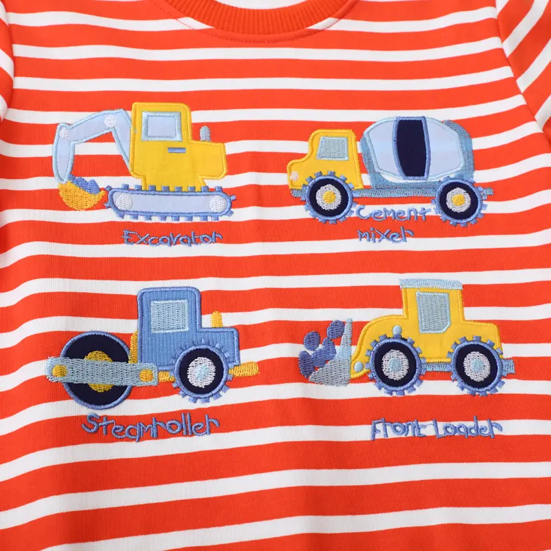 Boys' Red & White Striped Sweatshirt Construction Vehicle Embroidery, Long Sleeve Adorable Toddler Boy Pullover