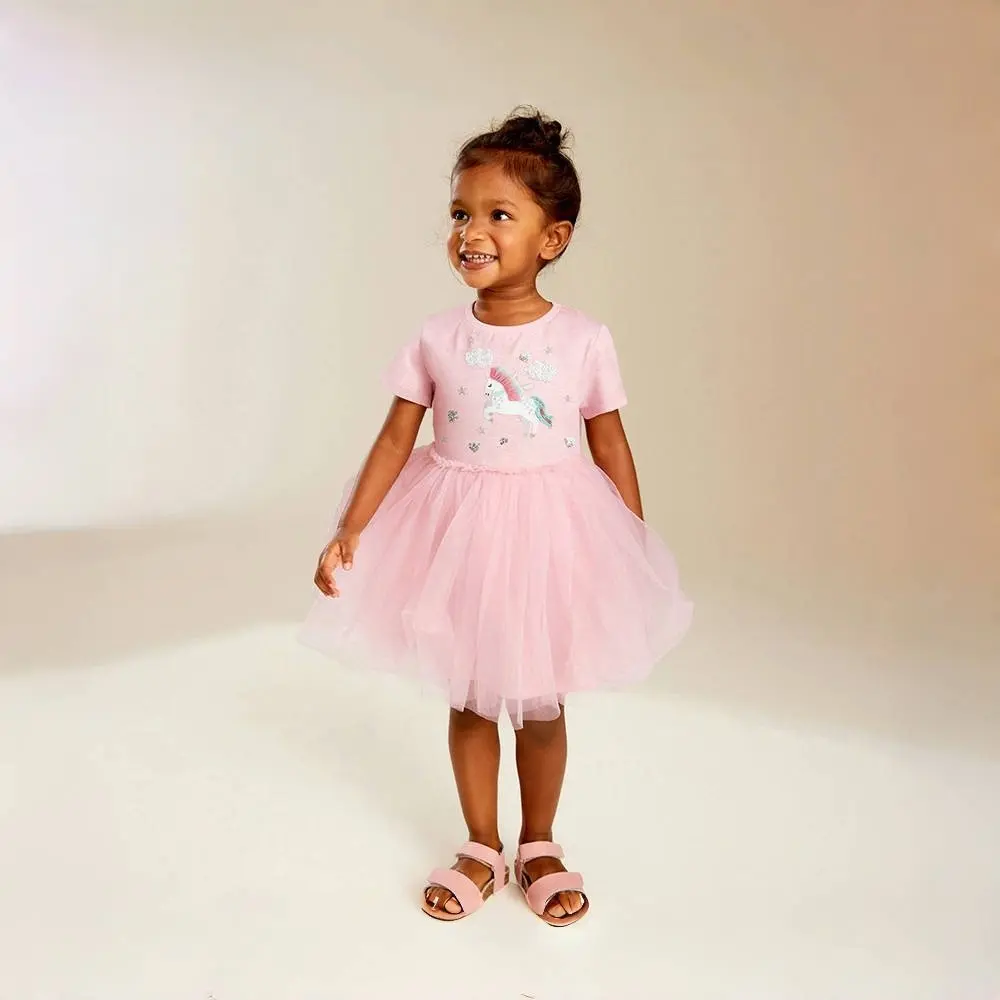 Summer Cotton Kids Dresses For Girls Cartoon Unicorn Print Children Casual Clothing Mesh Princess Girls Dress Kids Costume