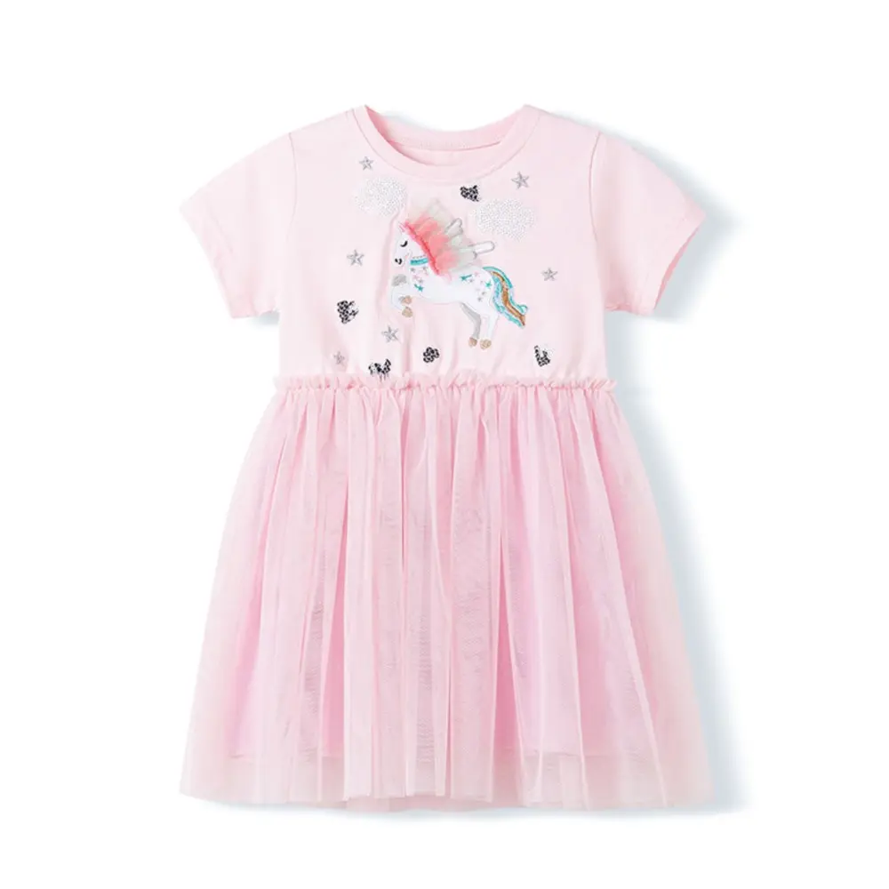 Summer Cotton Kids Dresses For Girls Cartoon Unicorn Print Children Casual Clothing Mesh Princess Girls Dress Kids Costume