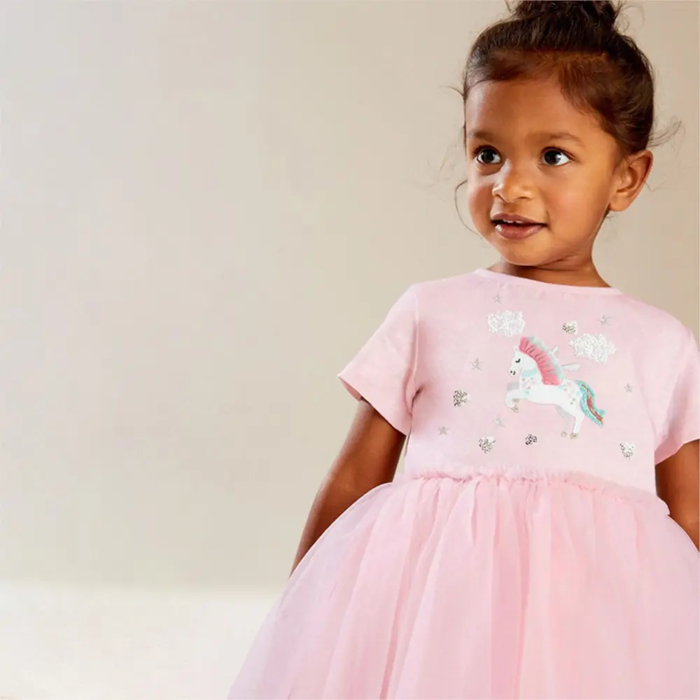 Summer Cotton Kids Dresses For Girls Cartoon Unicorn Print Children Casual Clothing Mesh Princess Girls Dress Kids Costume