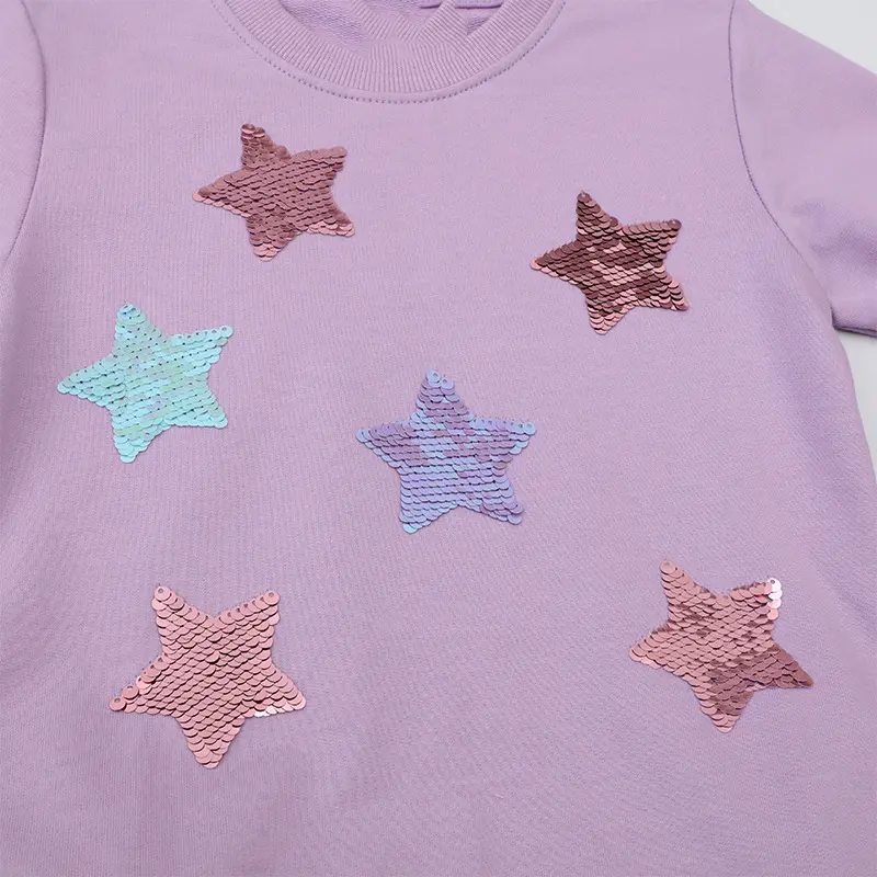 2-7t Girls' Purple Long - Sleeve Sweatshirt Dress - with Sequin Star Decorations and Tulle Hem - for Kids