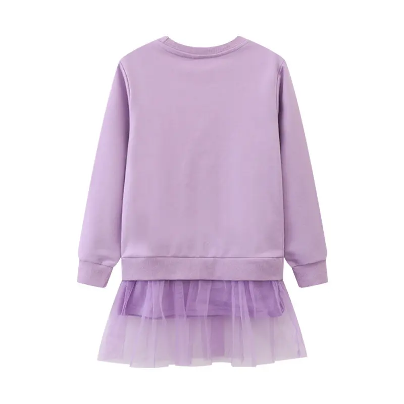 2-7t Girls' Purple Long - Sleeve Sweatshirt Dress - with Sequin Star Decorations and Tulle Hem - for Kids