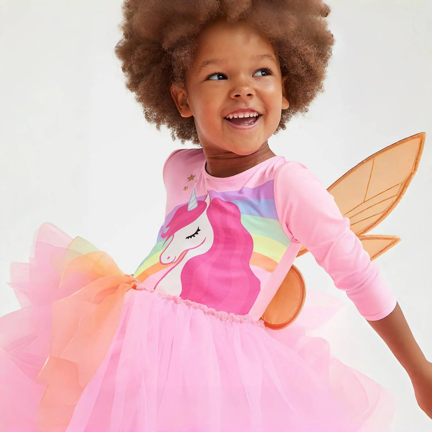 Girls' Pink Long - Sleeve Dress - with Unicorn Print and Rainbow - colored Tulle Skirt - Suitable for Ages 2-7y