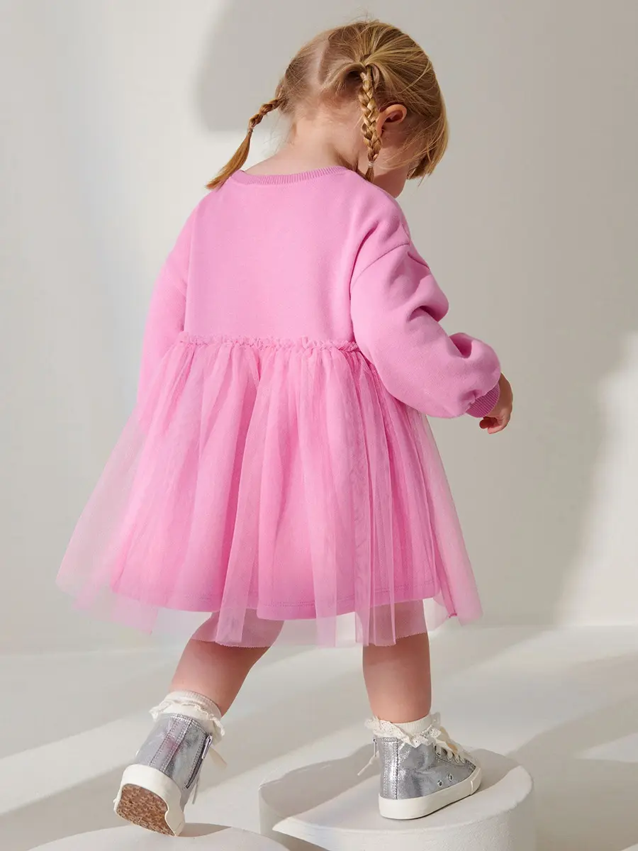 Spring Autumn Kids Baby Girls Long Sleeve Sweet Solid Color Princess Mesh Dress New Kids Baby Girls Dress Children Clothes