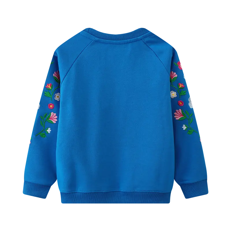 Adorable Toddler Girl Blue Pullover Charming Flower Embroidered Sleeves Comfortable & Cute Ideal for Everyday Wear
