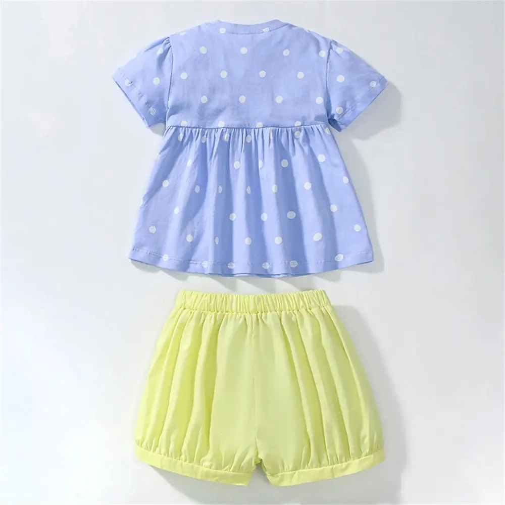 2Pcs Girls' Summer Outfit Set Light Blue Polka Dot Top with Pineapple Prints, Lime Green Shorts