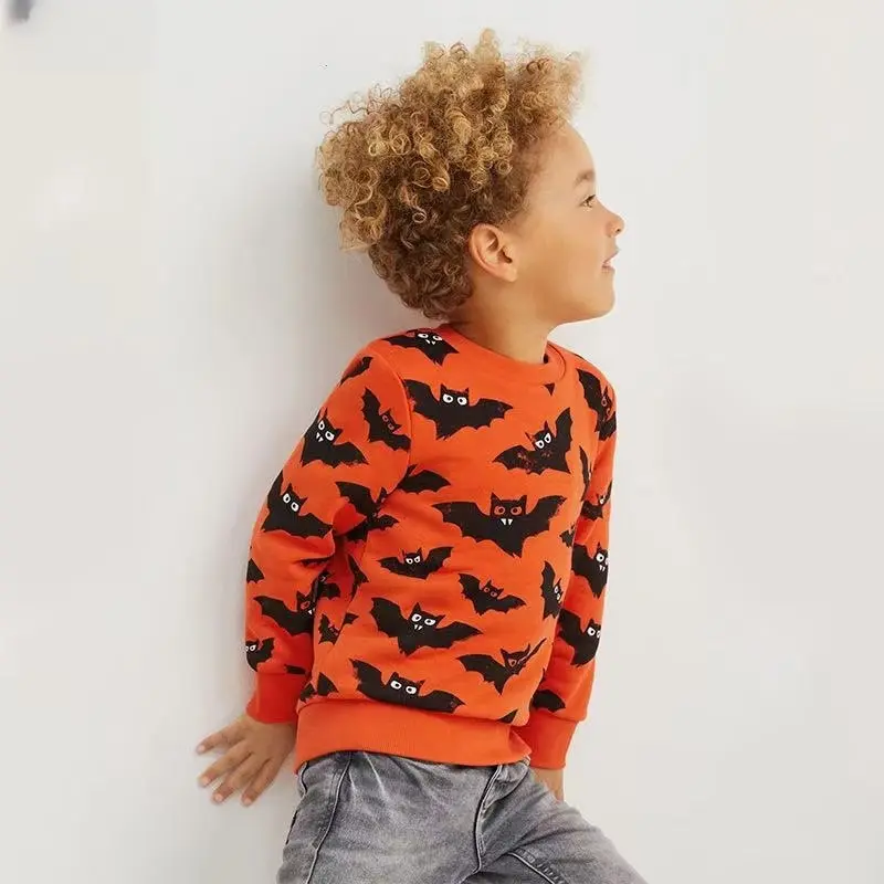 Kids' Orange Halloween Themed Sweatshirt Adorable Toddler Boy/Girl All Over Bat Print with Spooky Eyes Clothes