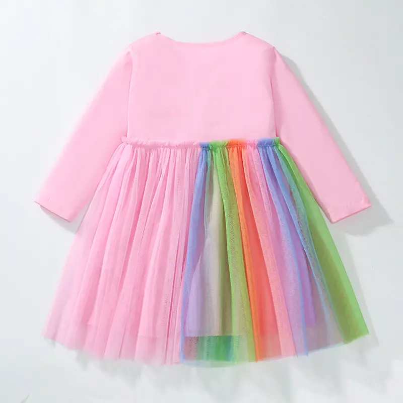 Girls' Pink Long - Sleeve Dress - with Unicorn Print and Rainbow - colored Tulle Skirt - Suitable for Ages 2-7y