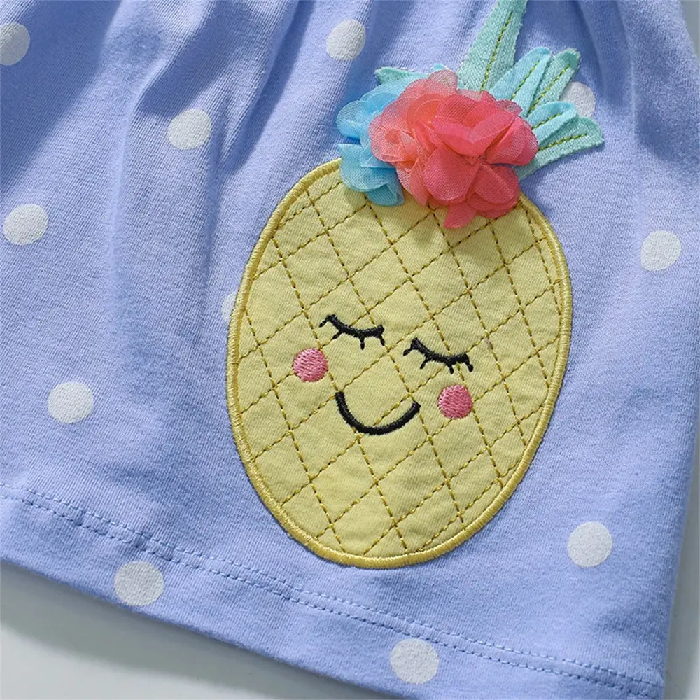 2Pcs Girls' Summer Outfit Set Light Blue Polka Dot Top with Pineapple Prints, Lime Green Shorts