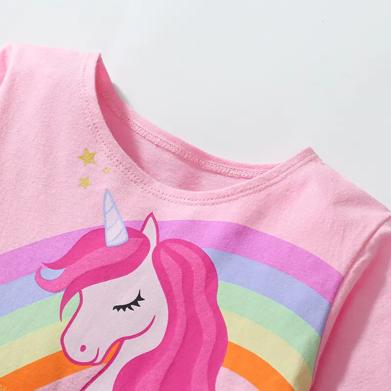 Girls' Pink Long - Sleeve Dress - with Unicorn Print and Rainbow - colored Tulle Skirt - Suitable for Ages 2-7y