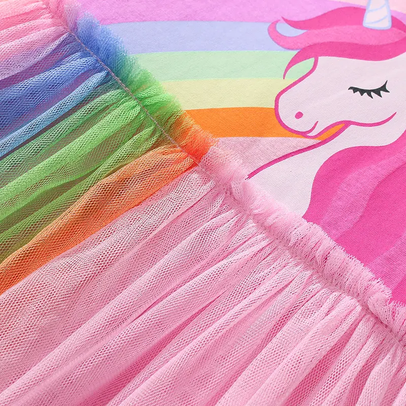 Girls' Pink Long - Sleeve Dress - with Unicorn Print and Rainbow - colored Tulle Skirt - Suitable for Ages 2-7y