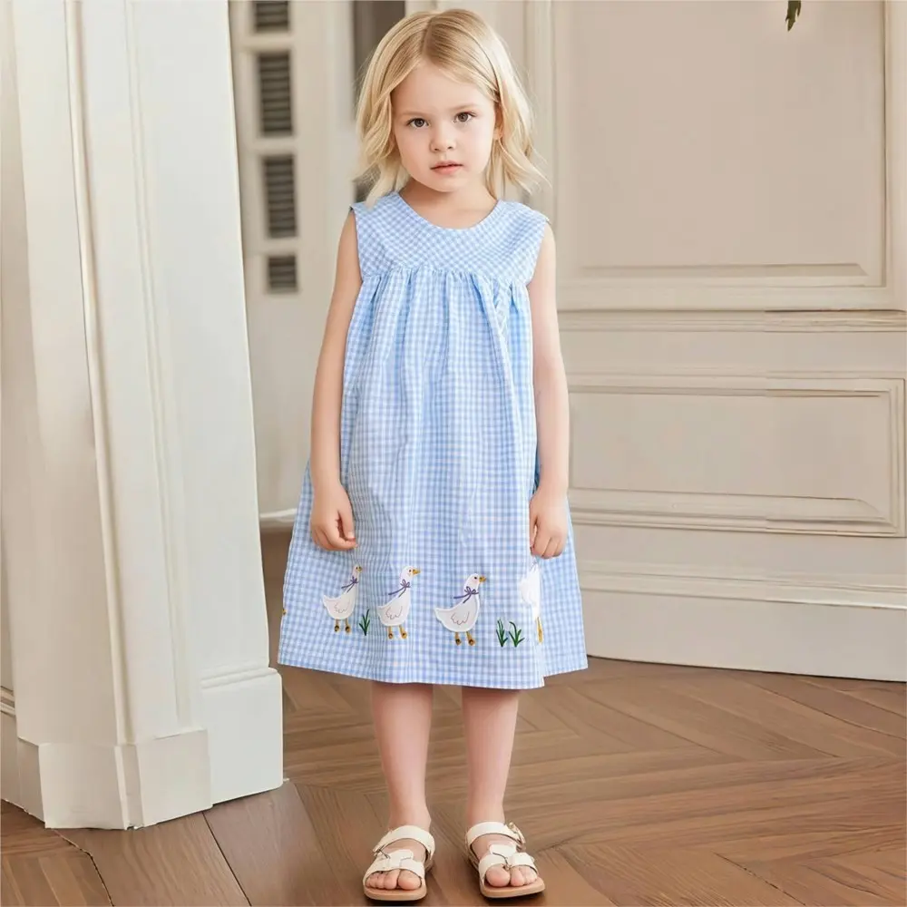 Pink Sleeveless Gingham Toddler Dress Adorable Goose Embroidery Design Charming and Trendy