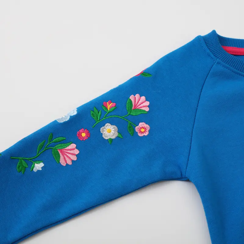 Adorable Toddler Girl Blue Pullover Charming Flower Embroidered Sleeves Comfortable & Cute Ideal for Everyday Wear