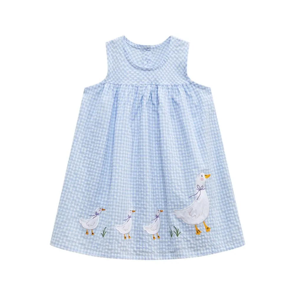 Pink Sleeveless Gingham Toddler Dress Adorable Goose Embroidery Design Charming and Trendy