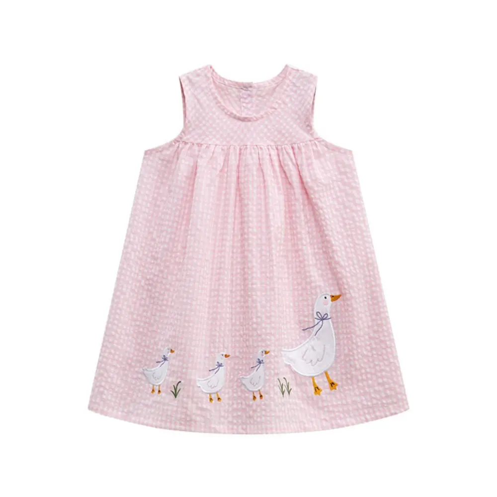 Pink Sleeveless Gingham Toddler Dress Adorable Goose Embroidery Design Charming and Trendy