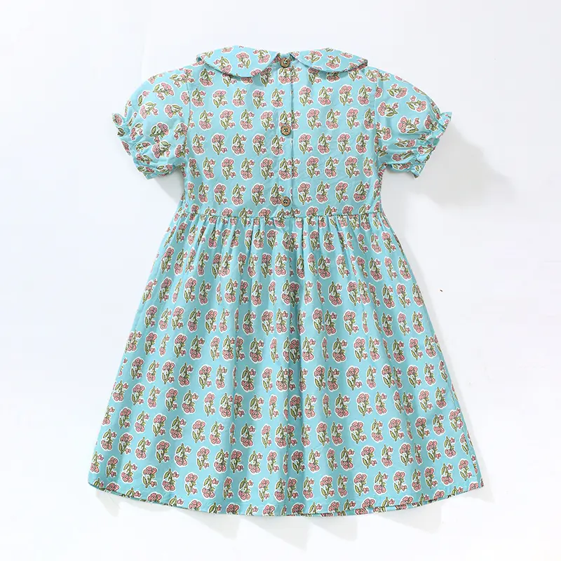 Girls' Light Blue Short - Sleeve Dress - with Peter Pan Collar, Smocked Bodice and Small Floral Print - Suitable for Ages  2-7y