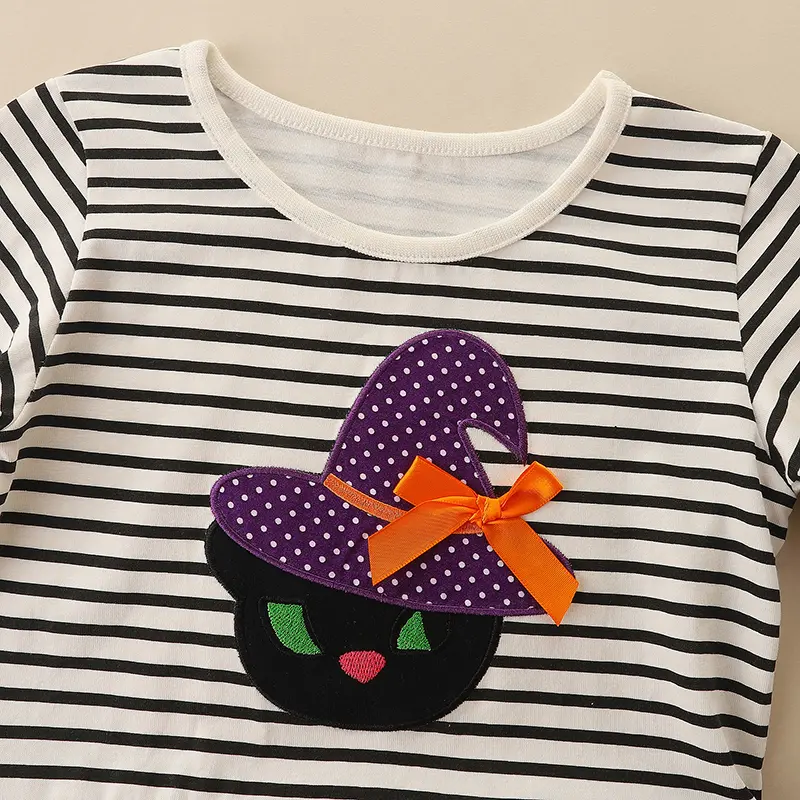 Girls' Long Sleeve Dress with Black and White Striped Top Witch hat Applique and Purple Sparkly Tulle Skirt - Suitable for 2-7y