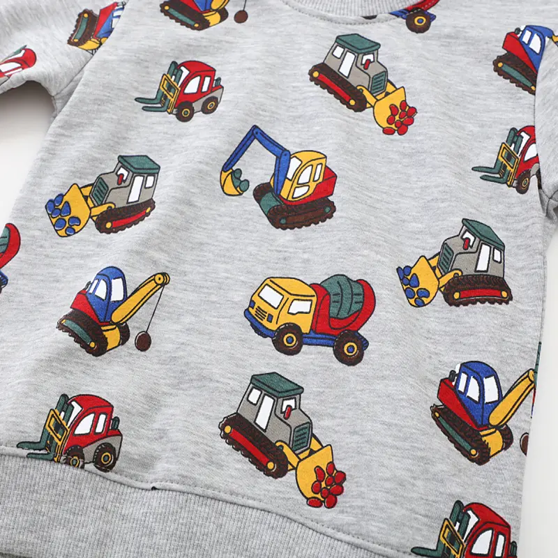 2-7t Boys' Gray Sweatshirt All Over Construction Vehicle Print Long Sleeve & Fun