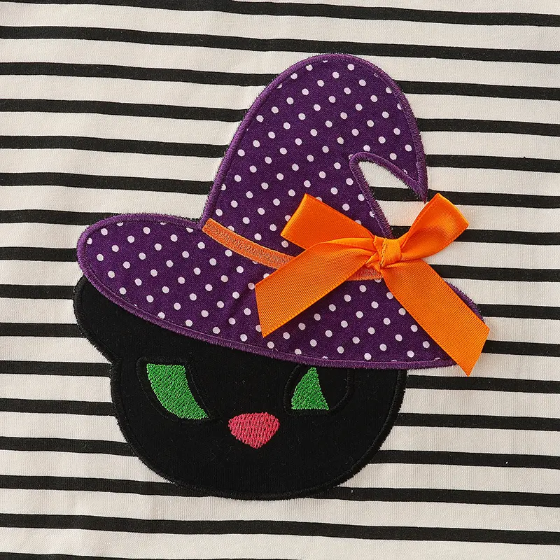Girls' Long Sleeve Dress with Black and White Striped Top Witch hat Applique and Purple Sparkly Tulle Skirt - Suitable for 2-7y