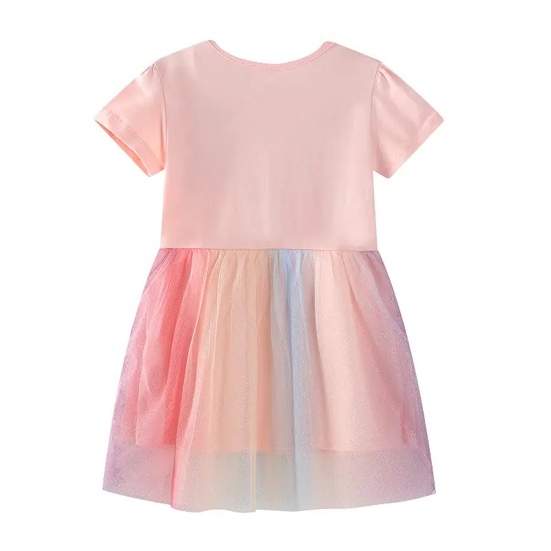 Girls' Pink Short - Sleeve Dress - with Unicorn Embroidery and Ombre Tulle Skirt - Suitable for Ages 2-7y