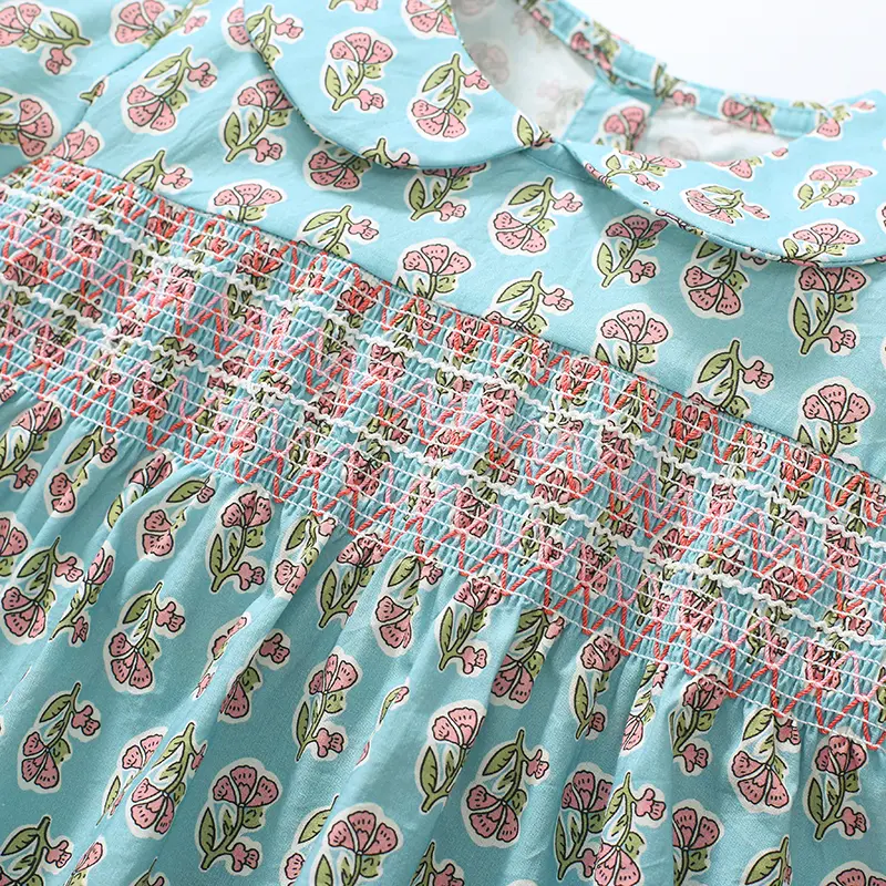 Girls' Light Blue Short - Sleeve Dress - with Peter Pan Collar, Smocked Bodice and Small Floral Print - Suitable for Ages  2-7y