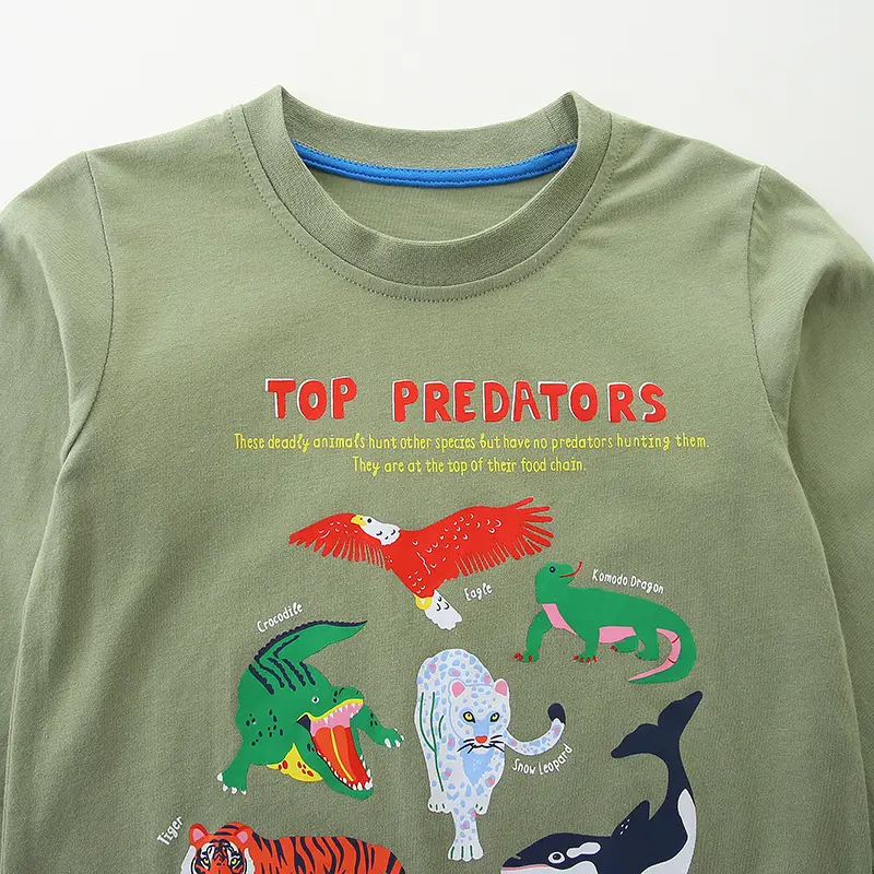 Boys' Olive Green Long - Sleeve T - shirt - with "Top Predators" Print (Tiger, Shark etc.) - Suitable for Ages 2-7Y