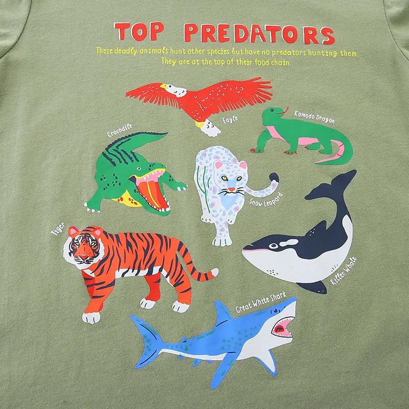 Boys' Olive Green Long - Sleeve T - shirt - with "Top Predators" Print (Tiger, Shark etc.) - Suitable for Ages 2-7Y