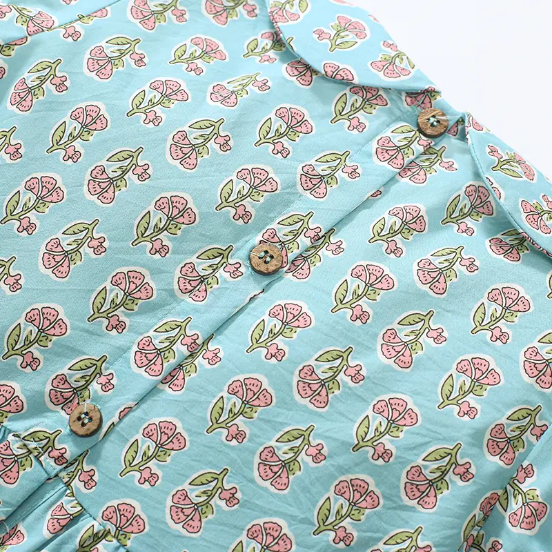 Girls' Light Blue Short - Sleeve Dress - with Peter Pan Collar, Smocked Bodice and Small Floral Print - Suitable for Ages  2-7y