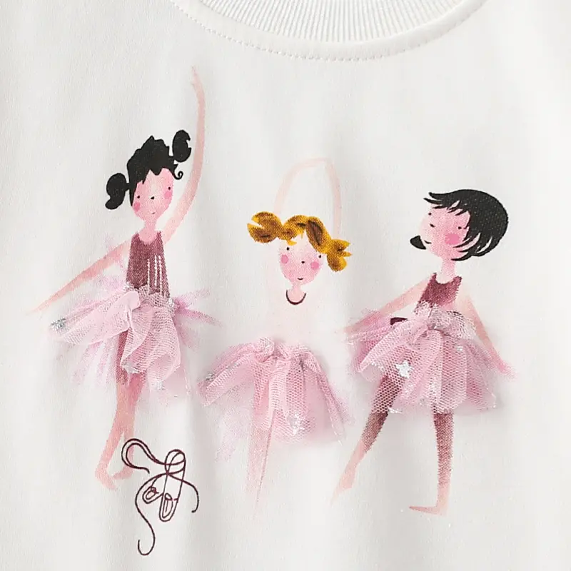 Girls' White Long - Sleeve Sweatshirt - with Ballet Dancer Print in Pink Tutus - Suitable for Ages 2-7Y