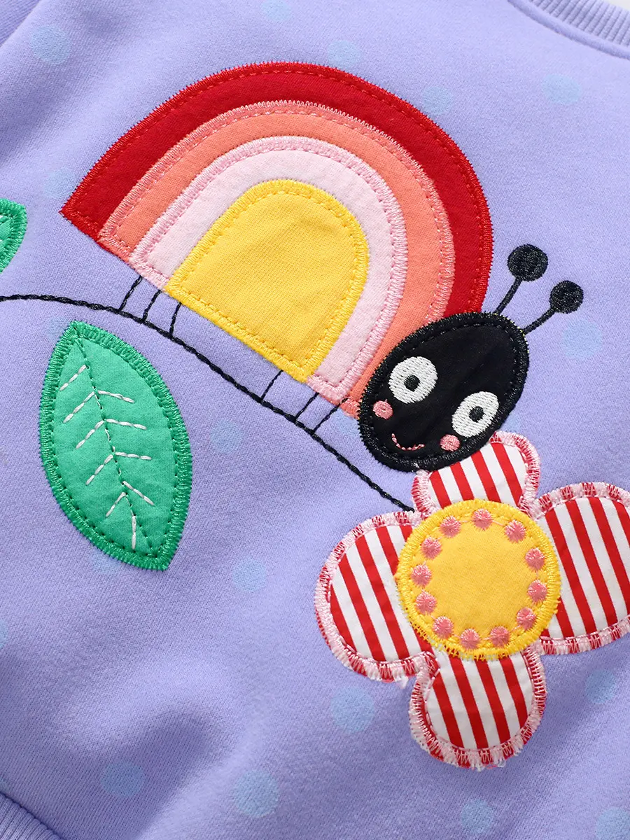 Girls' Light Purple Sweatshirt Adorable Ladybug Rainbow and Flower Embroidery Adorable Toddler Children Pullover