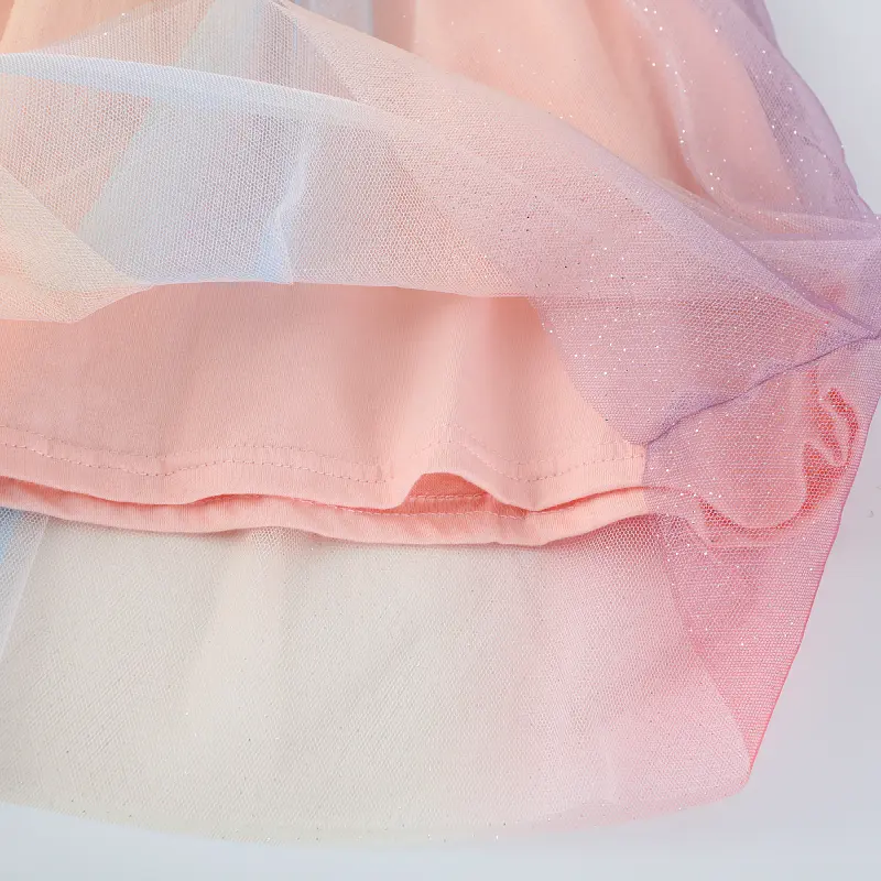 Girls' Pink Short - Sleeve Dress - with Unicorn Embroidery and Ombre Tulle Skirt - Suitable for Ages 2-7y