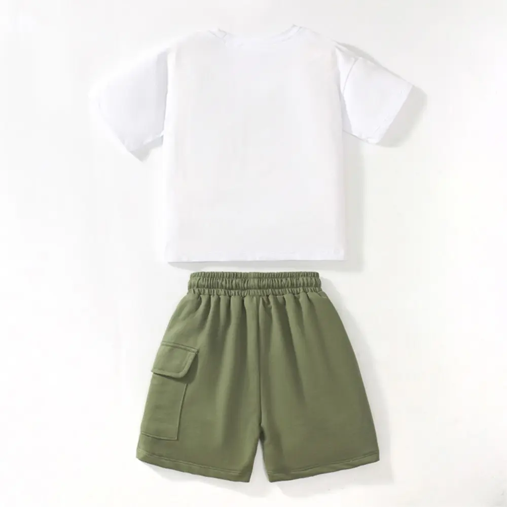 2Pcs Toddler Boy's Casual Outfit - White Short - Sleeve T - Shirt with Green Pocket Design, Matching Green Shorts