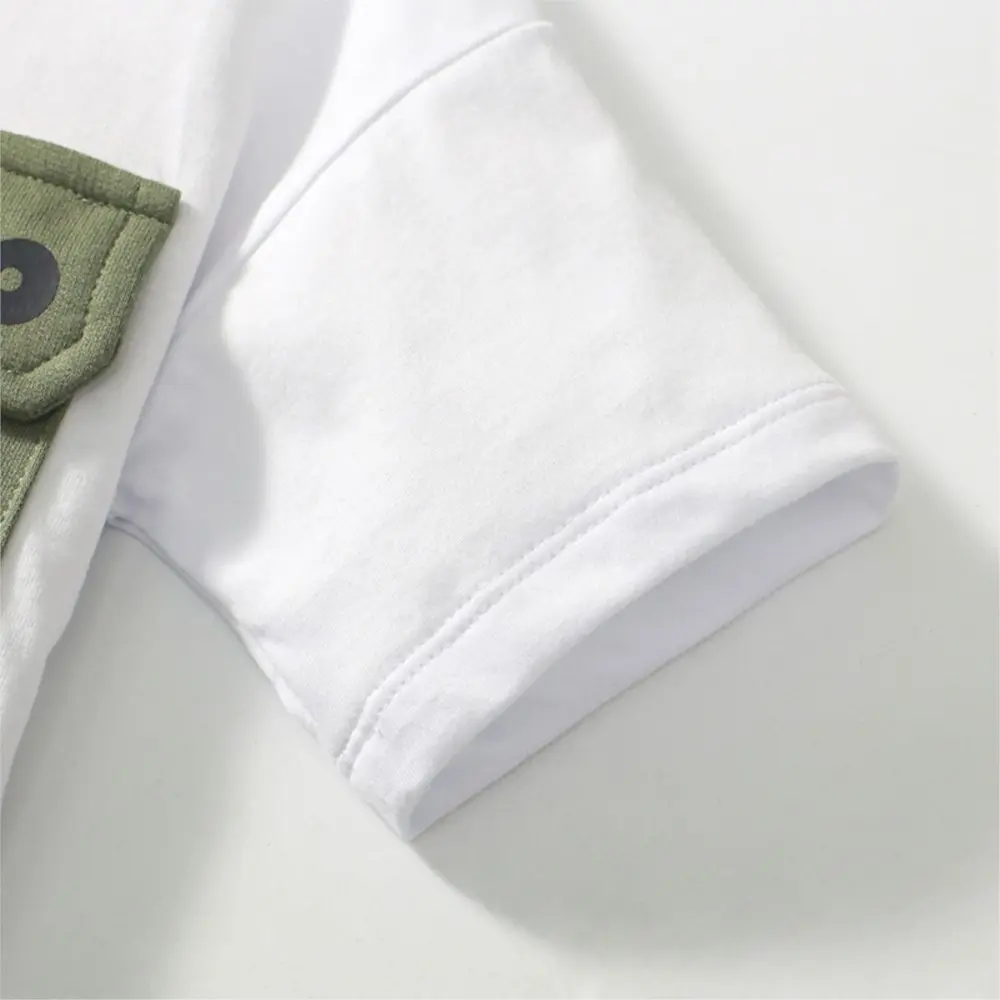 2Pcs Toddler Boy's Casual Outfit - White Short - Sleeve T - Shirt with Green Pocket Design, Matching Green Shorts