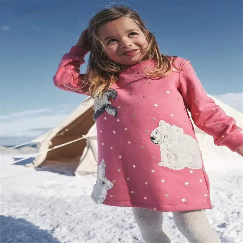 Cute Embroidery Animals Girls Dress Cotton Long Sleeves Children's Clothing Kids Clothes Casual Dresses