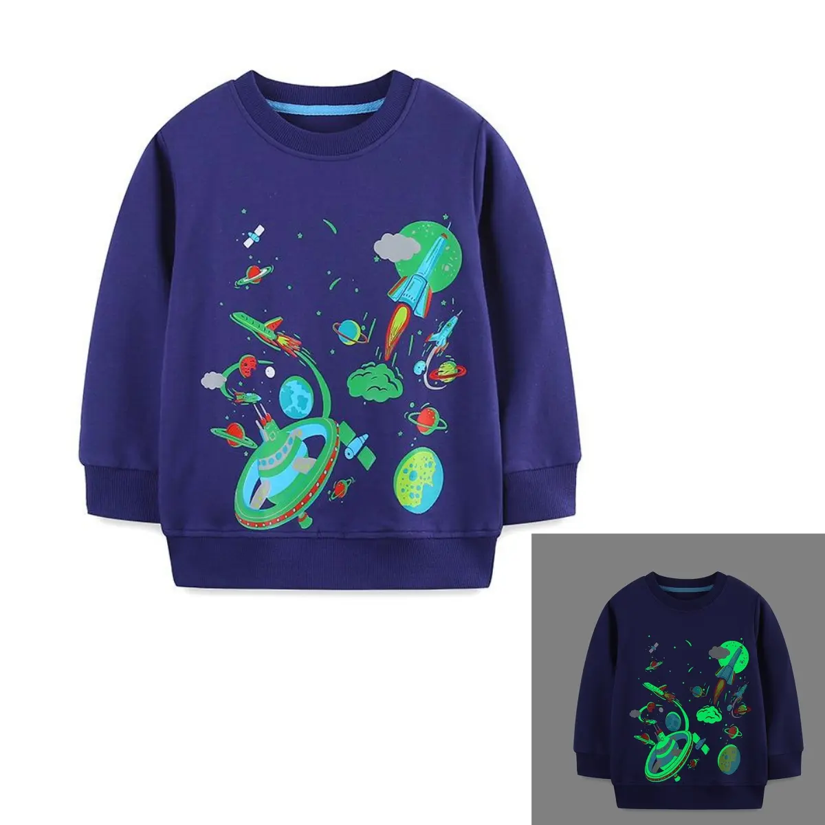 Boys Space Themed Sweatshirt Glow in the Dark Galactic Prints, Luminous Fun for Nighttime Boys Astronautic Inspired Pullover
